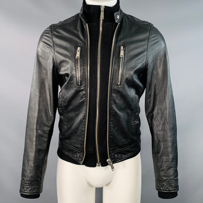 DSQUARED2 Size 38 Black Lambskin Leather Knit Trim Double Zipper Jacket