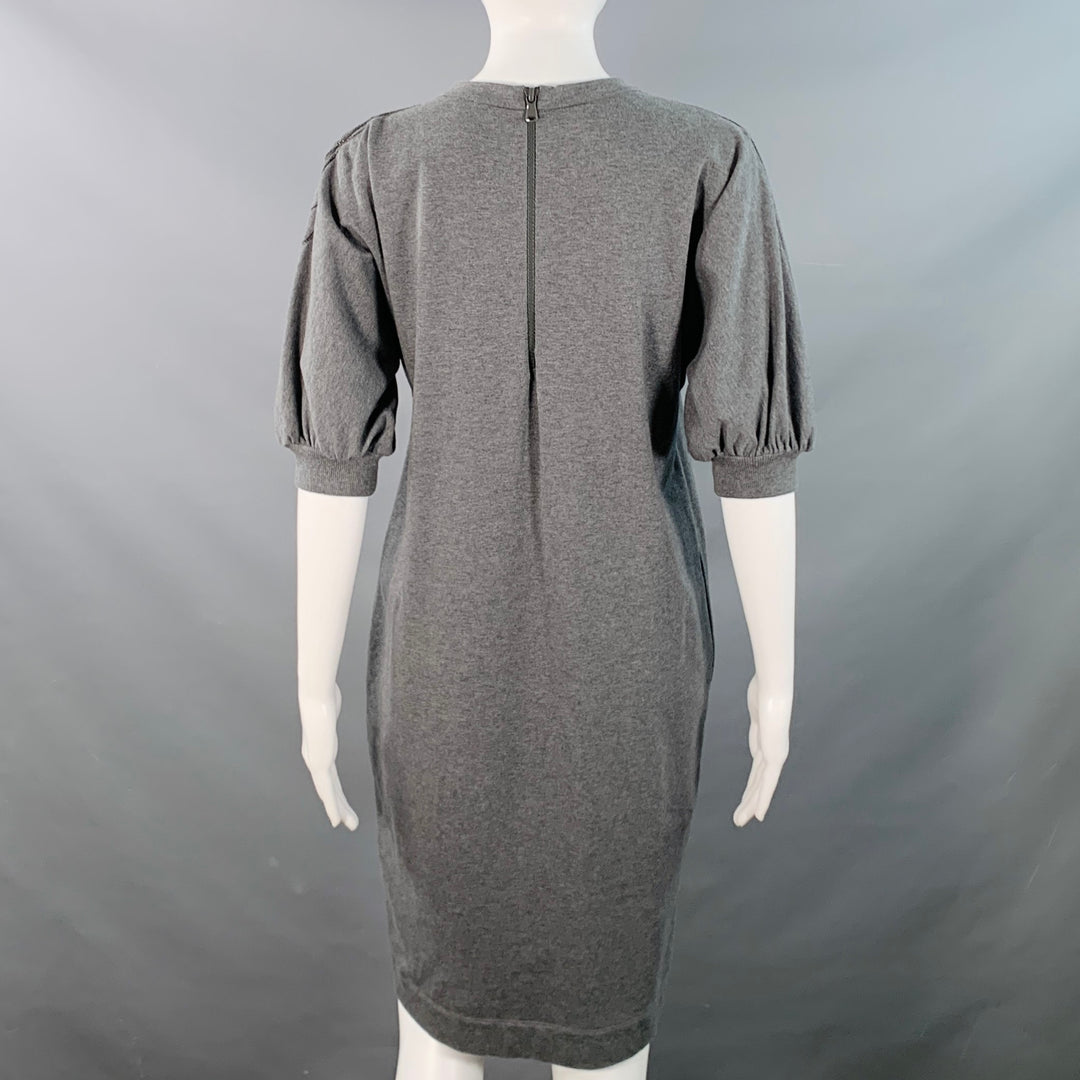 BRUNELLO CUCINELLI Size S Grey Cotton Blend Jersey Floral Monili Beaded Midi T-shirt Dress