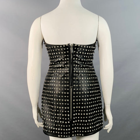 Robe courte bustier RETROFETE taille L en cuir noir et argent cloutée de cristaux