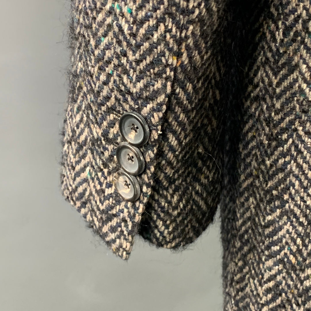MAX STANCO Size 46 Grey Black Herringbone Wool Blend Double Breasted Peak Lapel Coat