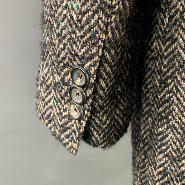 MAX STANCO Size 46 Grey Black Herringbone Wool Blend Double Breasted Peak Lapel Coat