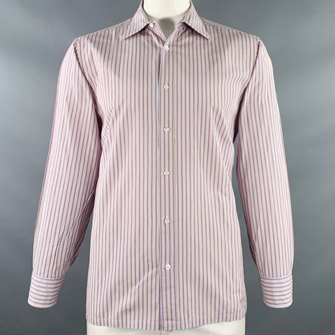 CHARVET Size L Blue Red Yellow Stripe Cotton Curved Cutaway Long Sleeve Shirt