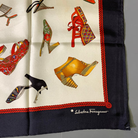 SALVATORE FERRAGAMO White Black Shoes Silk Scarves