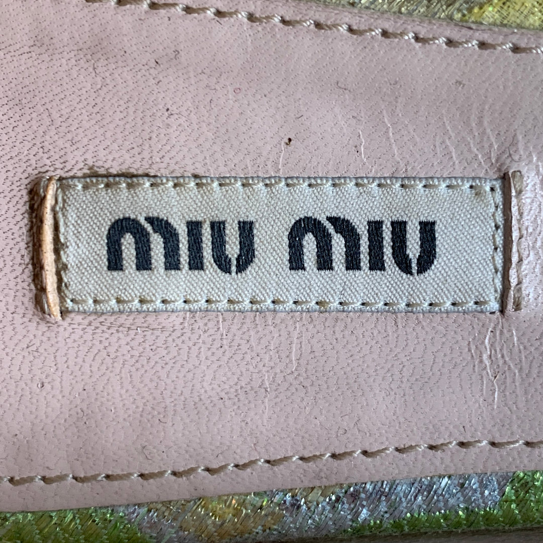 MIU MIU Size 8.5 Green Silver Paisley Textured Pointed Toe Bow Flats
