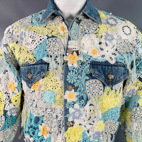 EARTHLING VIP Size M Poetic Lust Blue White Yellow Crochet Lace Cotton Trucker Jacket
