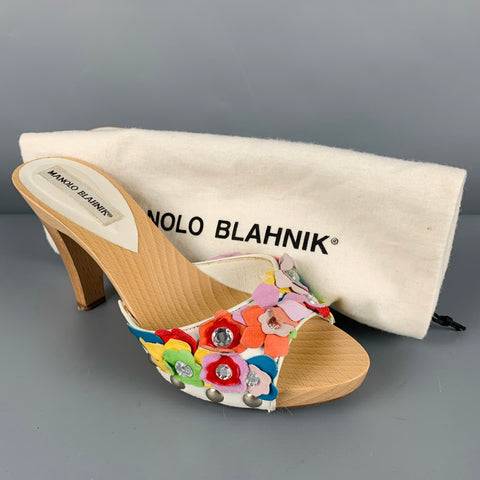 MANOLO BLAHNIK Size 8 Multi Color Suede Floral Applique Clog Sandals