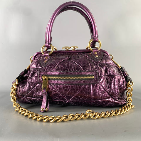 MARC JACOBS Purple Metallic Quilted Leather Satchel- Top Handles  Handbag