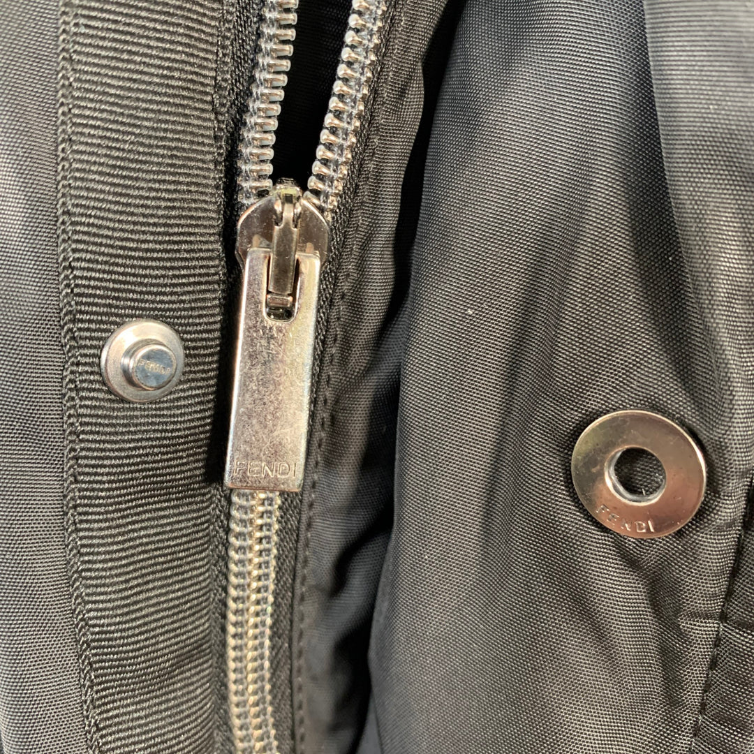 FENDI Size M Black Nylon Padded Hidden Hood Zip Snaps Jacket