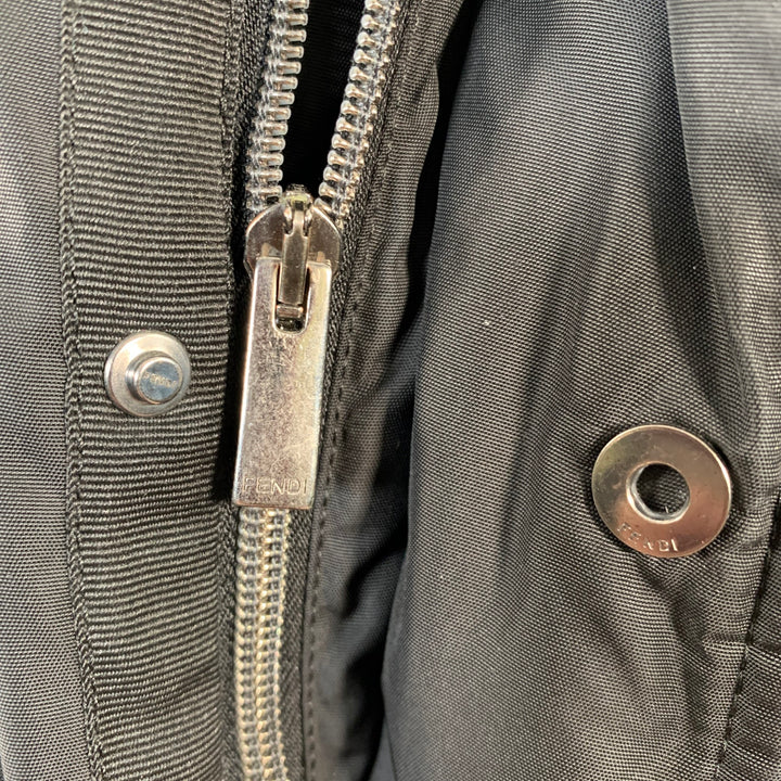 FENDI Size M Black Nylon Padded Hidden Hood Zip Snaps Jacket