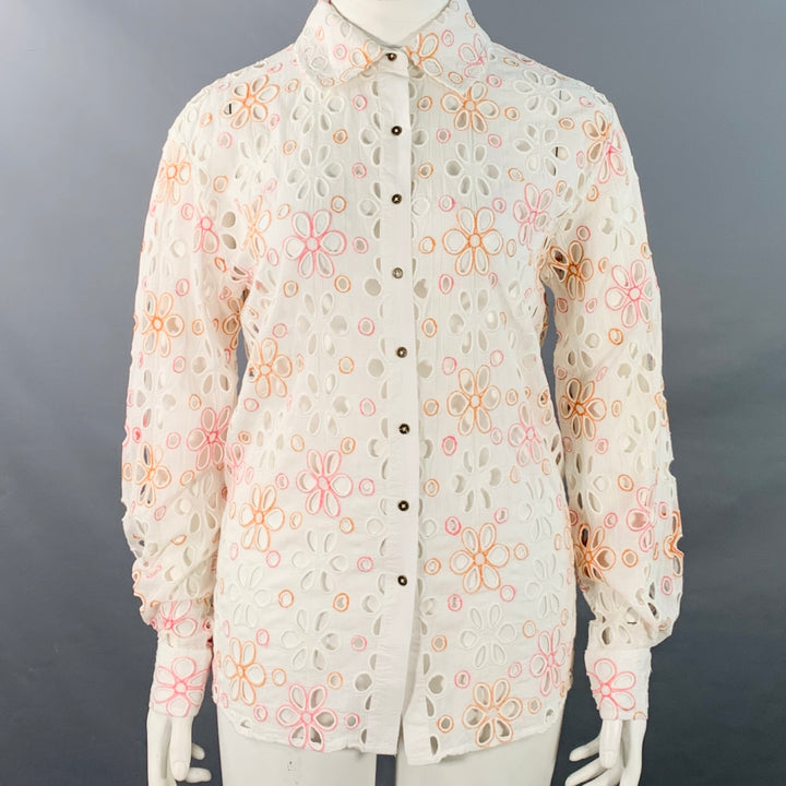 RAMY BROOK Size XL White Pink Orange Cotton Cut Out Button Up Casual Top