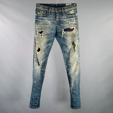 DIESEL Size 26 Tepphar Blue Cotton Blend Tapered Slim Distressed Jeans