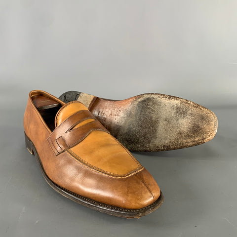 JOHN LOBB Size 9.5 Tan Brown Color Block Leather Penny Loafers