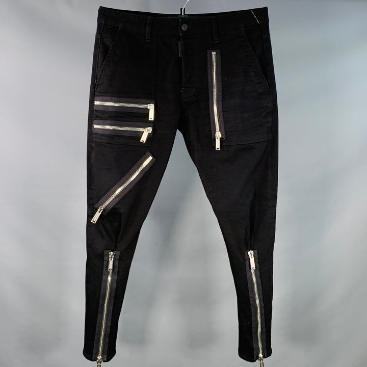 DSQUARED2 Size 34 Black Silver Denim Zippers Button Fly Biker Casual Pants