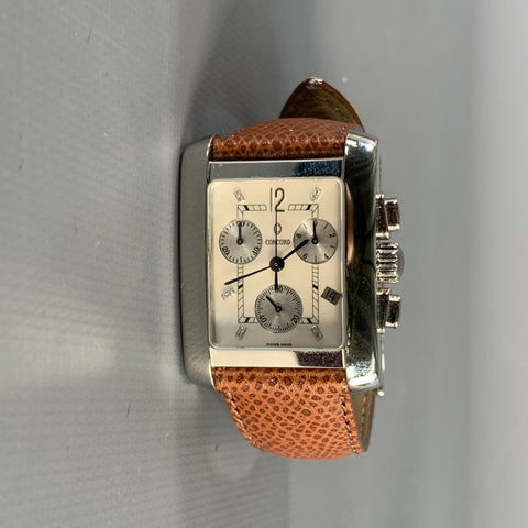 CONCORD Silver Brown Pebble Grain Leather Stainless Steel Watch