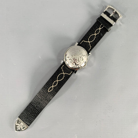ROBERTO CAVALLI Black Silver Embroidered Leather Stainless Steel Watch