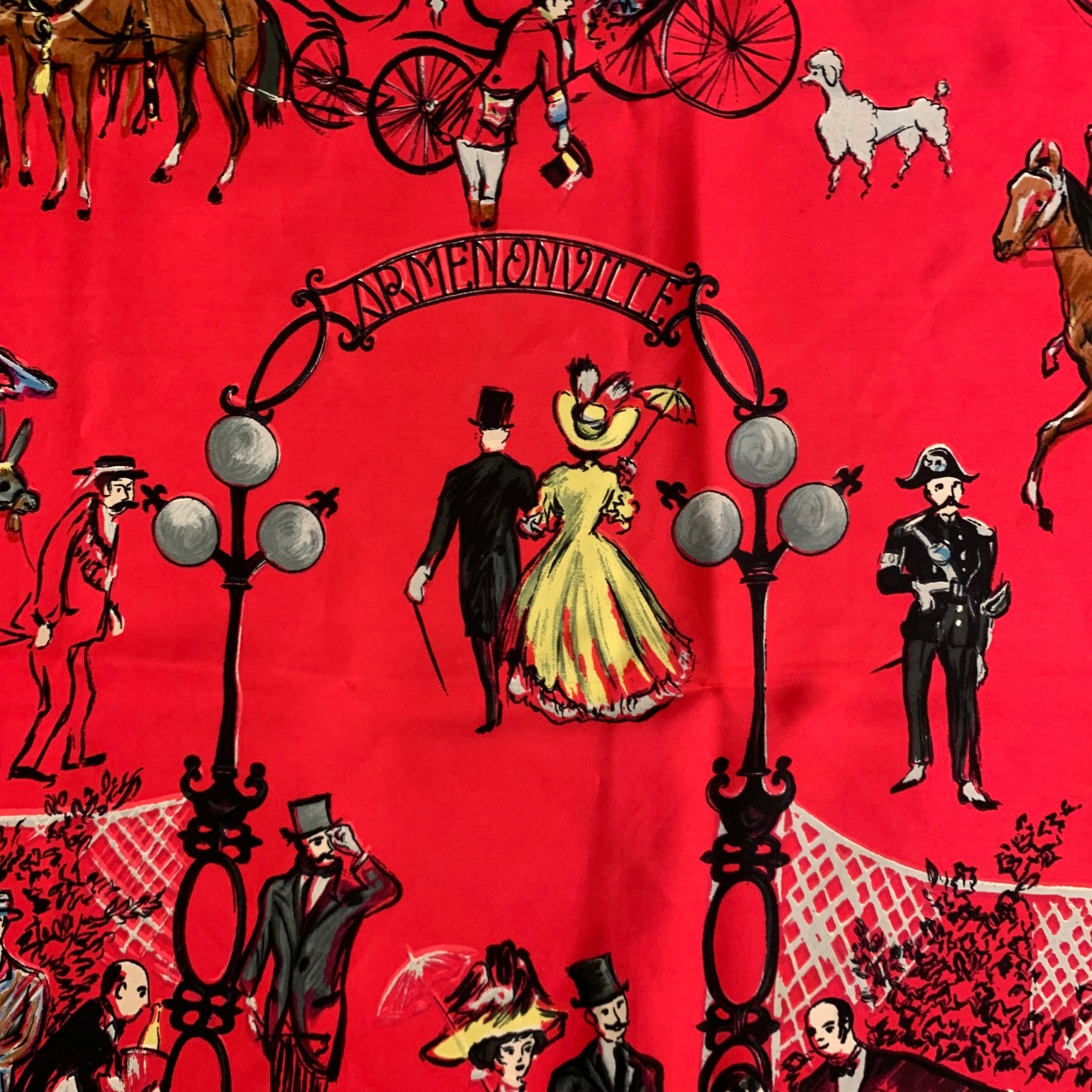 HERMES 1961 Jean-Louis Clerc -Armenonville- Red Black Figures Silk
