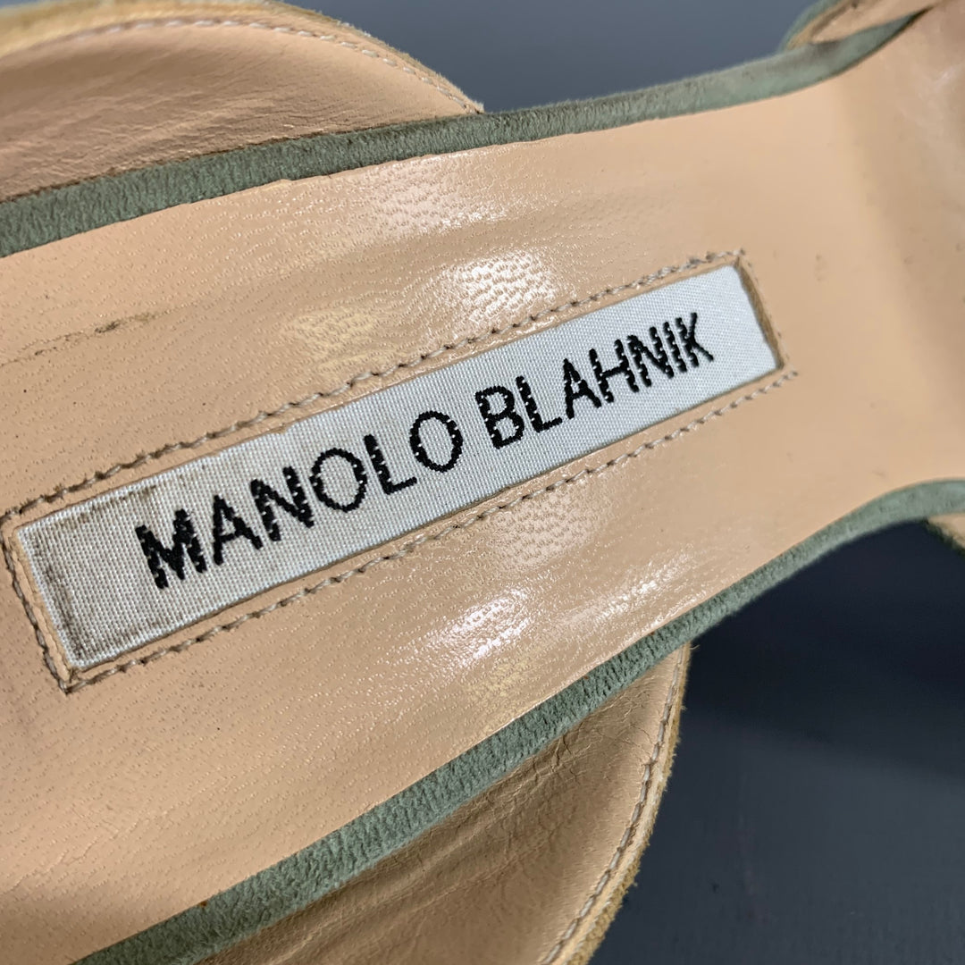 MANOLO BLAHNIK Size 9.5 Sage Tan Suede Two Tone Suede Pointed Toe Pumps
