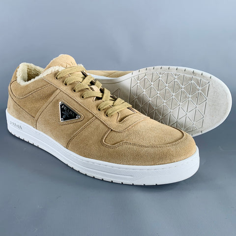 PRADA Size 12 Downtown Shearling Tan Suede Lace-Up Sneakers