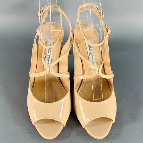 CHARLES KAMMER Size 6 Beige Nude Patent Leather Peep Toe Strappy Sandals