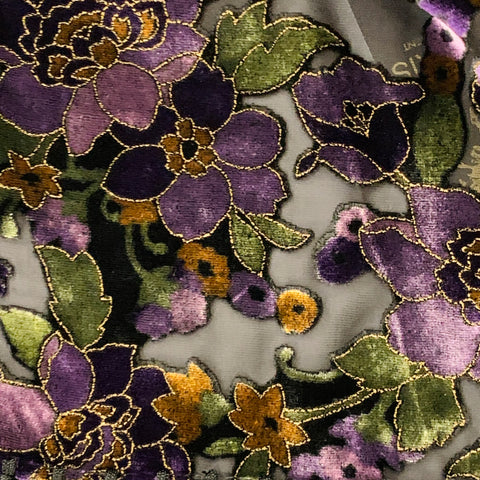 Écharpe Frangée en Velours Brûlé Fleuri Noir Violet VINTAGE