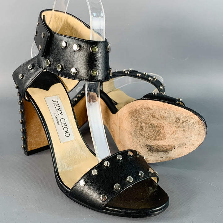 JIMMY CHOO Size 7 Black Leather Studded Snaps Sandals