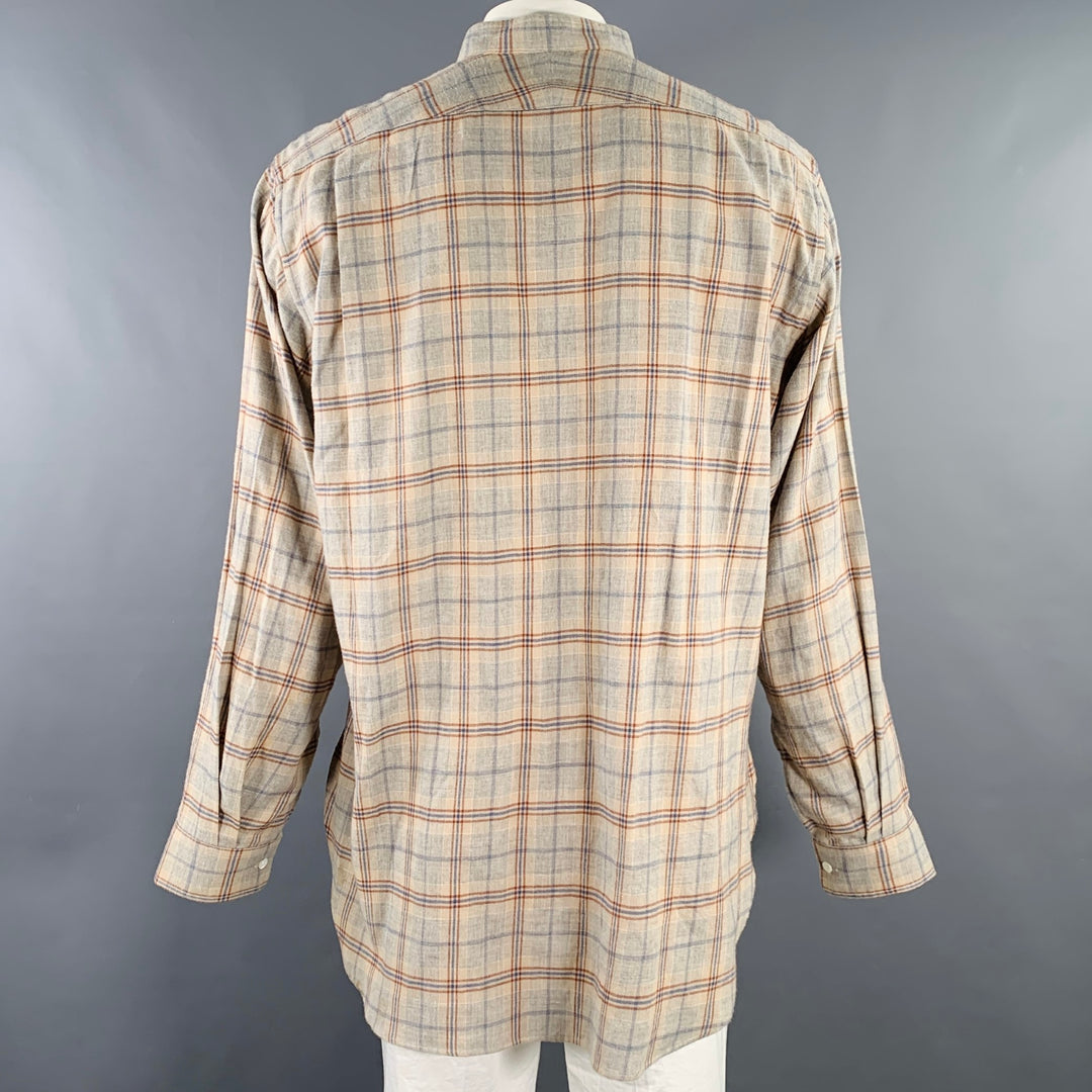 NEEDLES Size XL Grey Navy Brown Plaid Wool Nehru Collar Long Sleeve Shirt