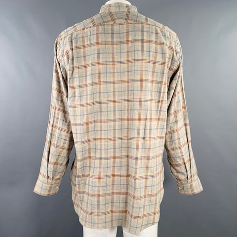 NEEDLES Size XL Grey Navy Brown Plaid Wool Nehru Collar Long Sleeve Shirt