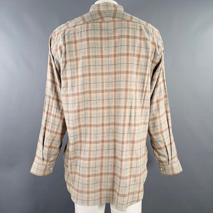NEEDLES Size XL Grey Navy Brown Plaid Wool Nehru Collar Long Sleeve Shirt