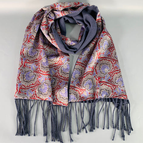 Écharpe Vintage en Cachemire et Soie à Franges Motif Paisley Bleu Marine, Bordeaux et Gris