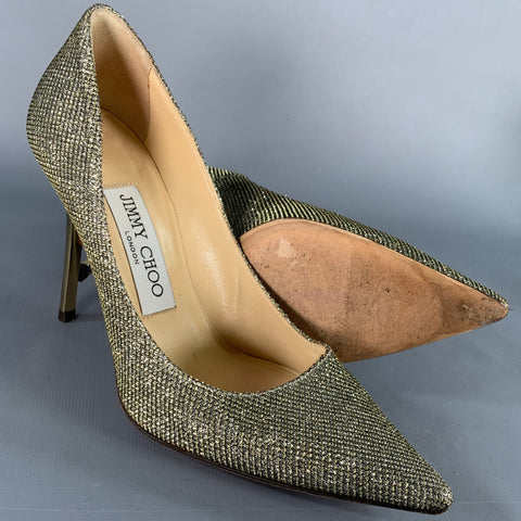 JIMMY CHOO Size 4 Gold Glitter Pointed Toe Stiletto Pumps