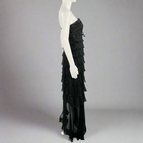 SHAWN RAY FONS Size 6 Black Silk Lace Ruffle Long Cocktail Dress