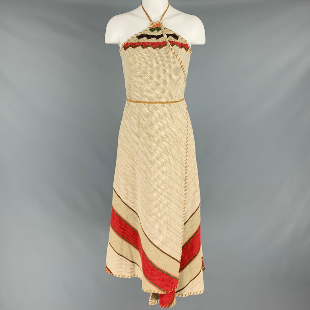 RALPH LAUREN Size L Beige Linen Blend Leather Trim Halter Wrap Dress RALPH LAUREN Size L Beige Linen Blend Leather Trim Halter Wrap Dress