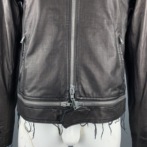 HAUTE Taille 42 Cuir Noir Full Zip Col Haut Poches Zippées Veste Ourlet Brut
