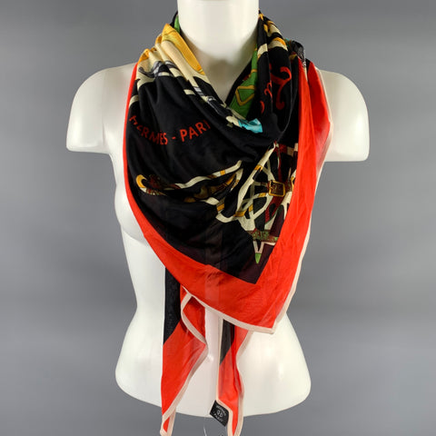 HERMES Black Color Block Equestrian Silk Scarves & Shawls