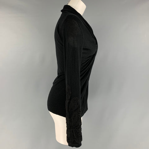 JOSIE NATORI Size M Black Silk Cashmere Applique Ruched Pullover