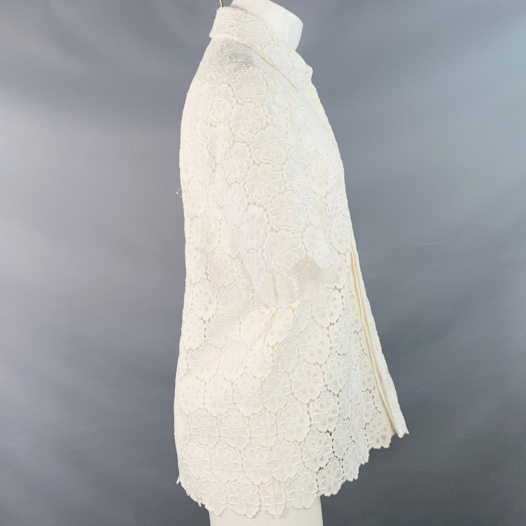 VALENTINO 2021 Size M White Lace Cotton Blend Hidden Placket Short Sleeve Shirt