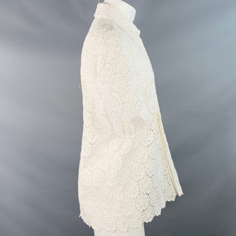 VALENTINO 2021 Size M White Lace Cotton Blend Hidden Placket Short Sleeve Shirt