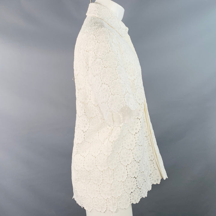 VALENTINO 2021 Size M White Lace Cotton Blend Hidden Placket Short Sleeve Shirt