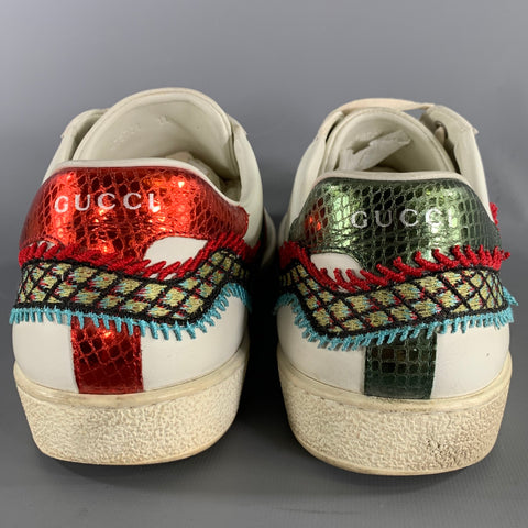 GUCCI Size 11.5 White Green & Red Applique Leather Lace Up Sneakers