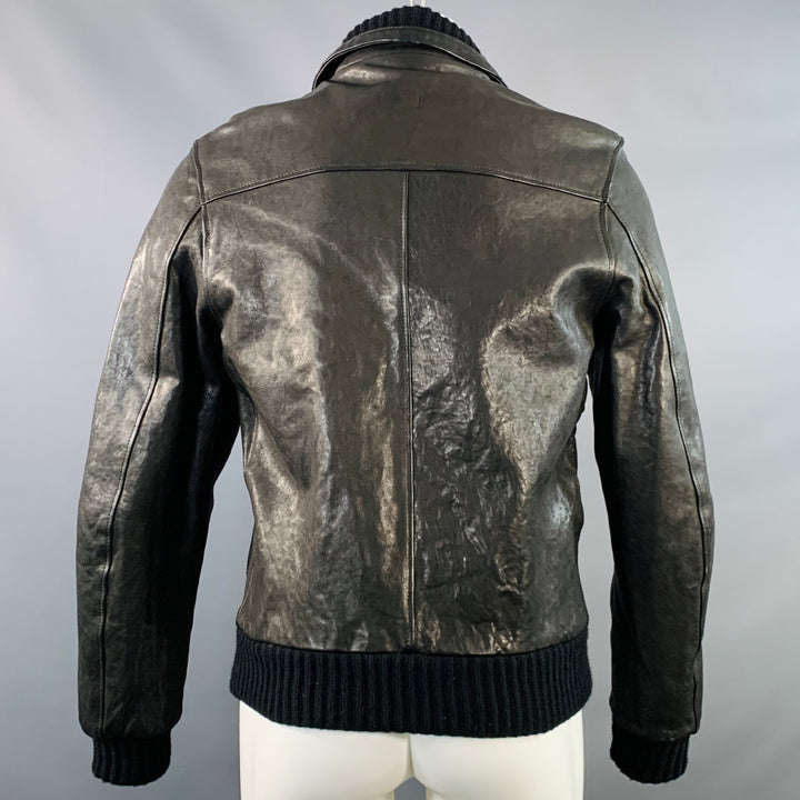 DANIELE ALESSANDRINI Size 40 Black Leather Contrast Trim Jacket