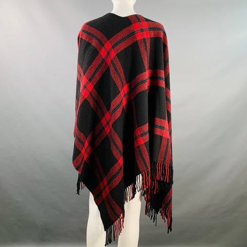 THE KOOPLES One Size Red Black Plaid Wool Open Front Fringe Shawl