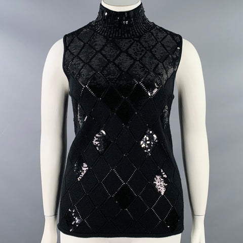 EMPORIO ARMANI Size L Black Virgin Wool Sequined Sleeveless Dress Top