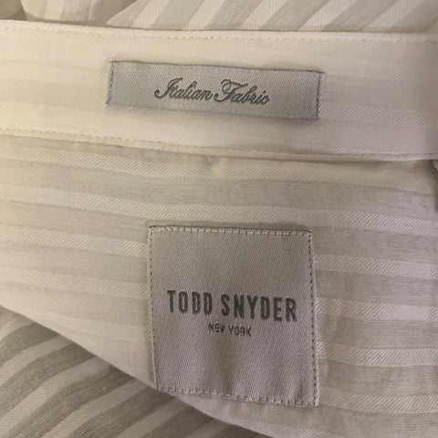 TODD SNYDER Size L White Stripe Cotton Silk Band Collar Long Sleeve Shirt