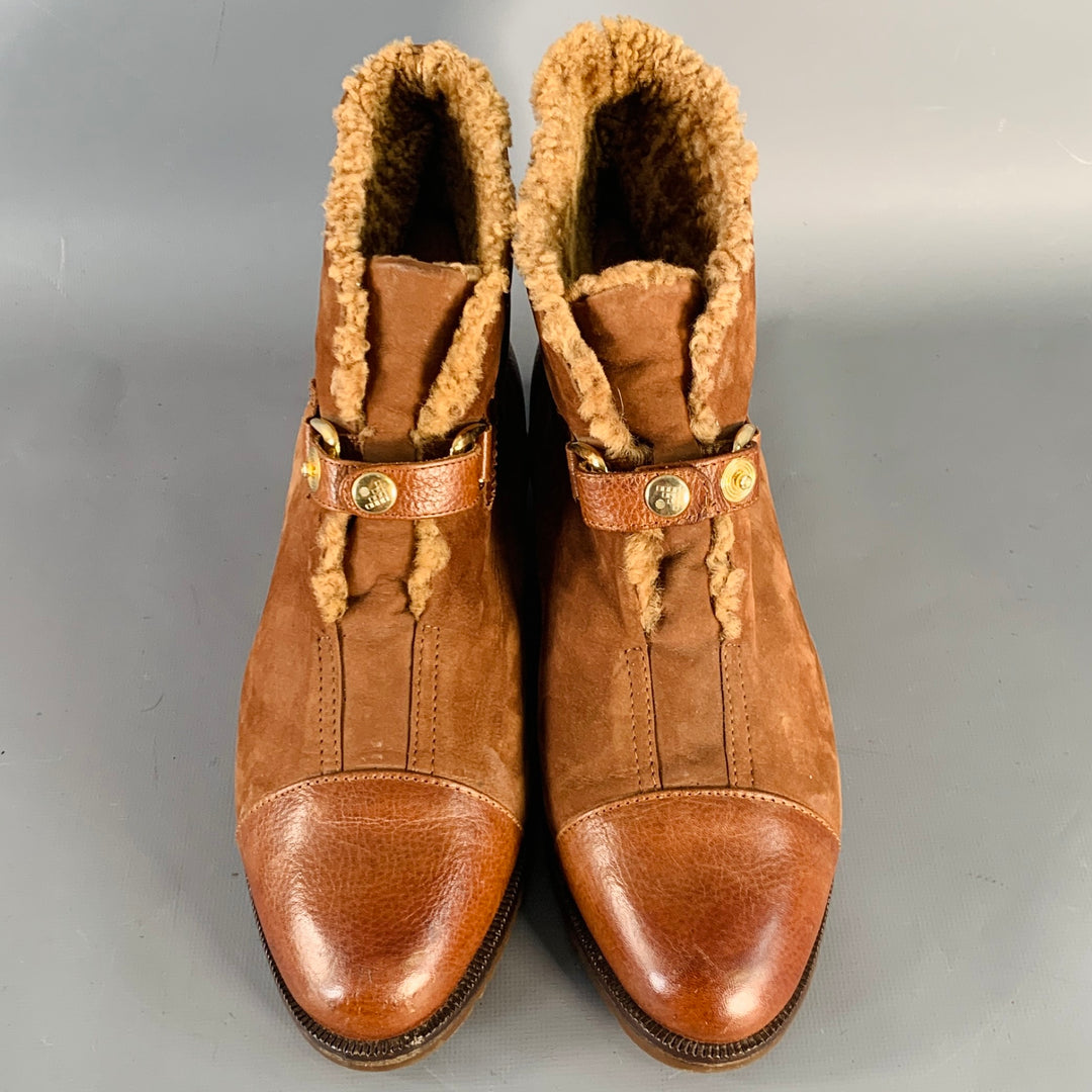 BOTTEGA VENETA Size 8 Camel Leather Suede Fleece Lined Buckle Booties