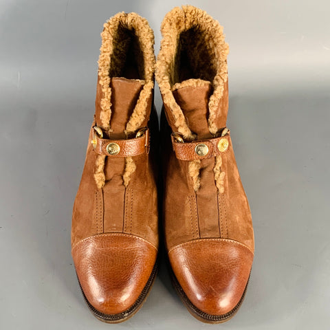BOTTEGA VENETA Size 8 Camel Leather Suede Fleece Lined Buckle Booties