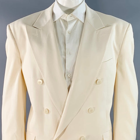 SAKS FIFTH AVENUE Size 48 Cream Silk Double Breasted Single Button Sport Coat