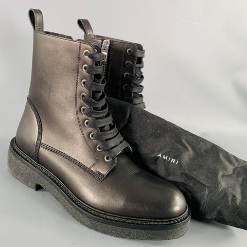AMIRI Size 9 Black Shimmery Leather Lace-Up Boots