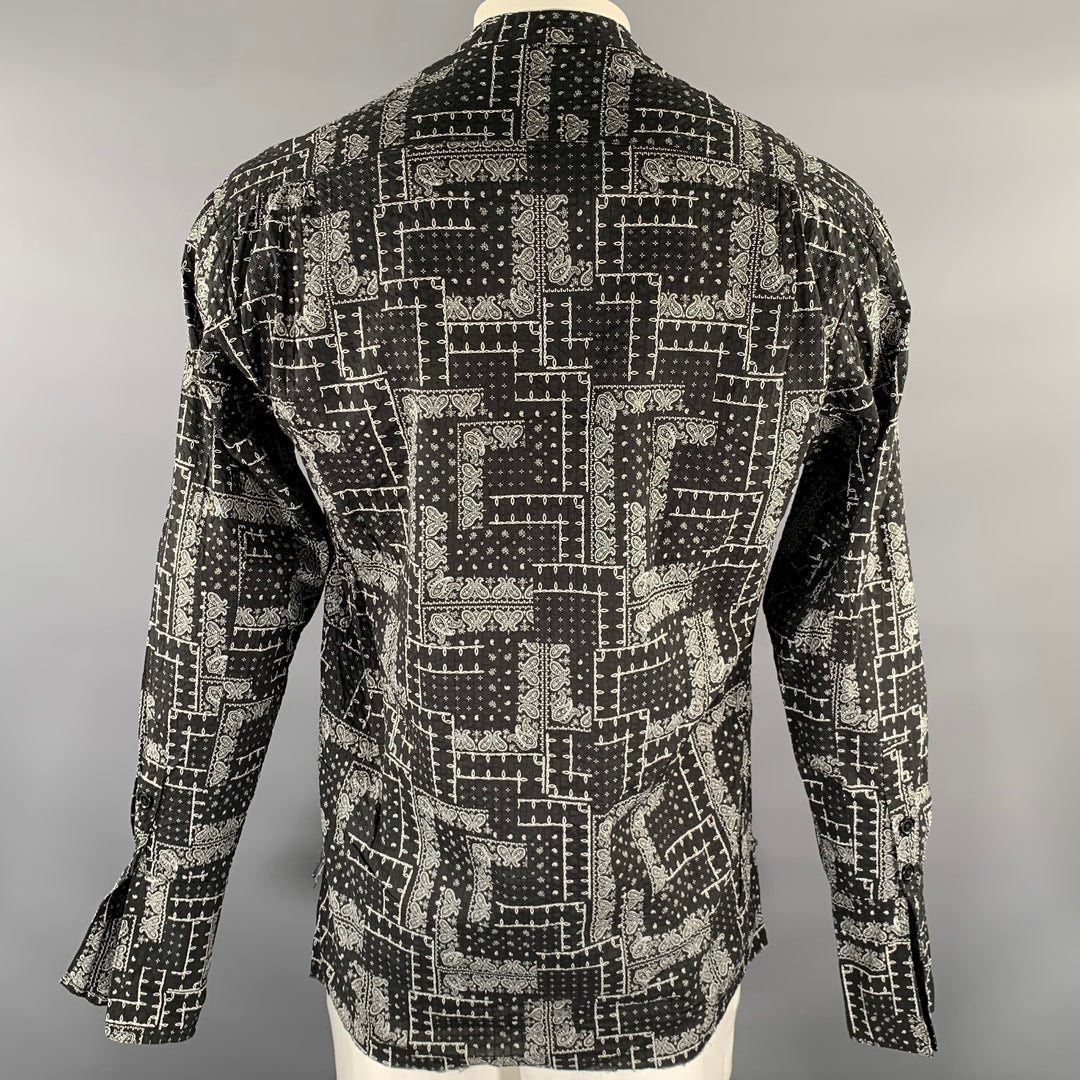 GREG LAUREN Size L Black White Bandana Cotton Band Collar Long Sleeve Shirt