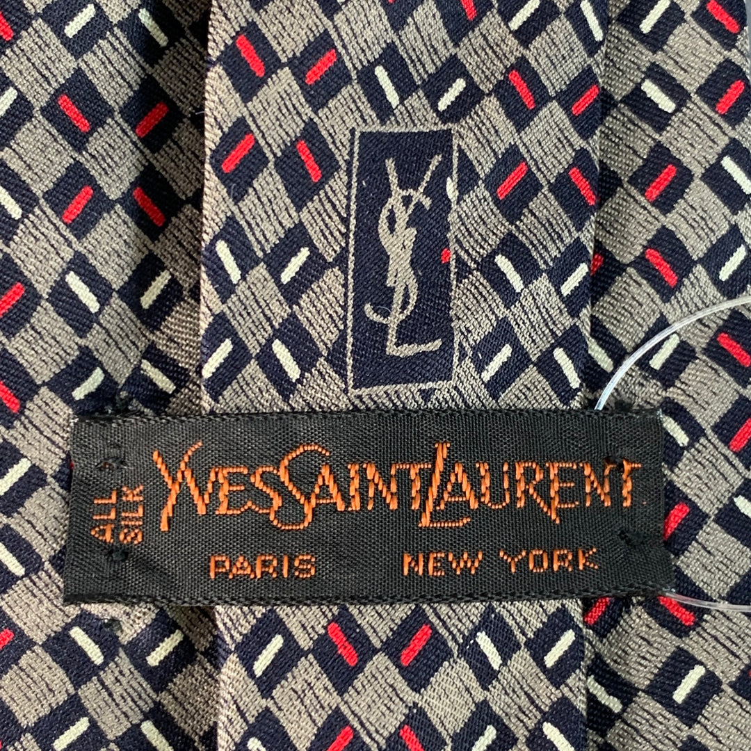 YVES SAINT LAURENT Vintage Navy Red White Checkered Silk Tie
