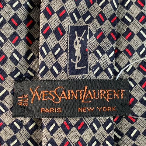 YVES SAINT LAURENT Vintage Navy Red White Checkered Silk Tie